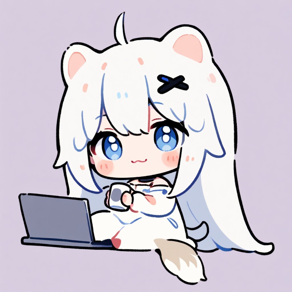 masterpiece, 1girl, stoat girl, solo,  ((white hair)), very long hair, blue eyes, (straight hair), (bangs), animal ears, (stoat ears:1.2),
 Choker, ahoge, fangs, (big stoat Tail:1.2), (blue X hairpin), solo, long hair, blush, bangs, simple background, cute dress, white background, hair between eyes, smiling, collarbone, (((holding a big cup))), ahoge, lips parted, off shoulder, chibi, (((up body))), laptop,flat style