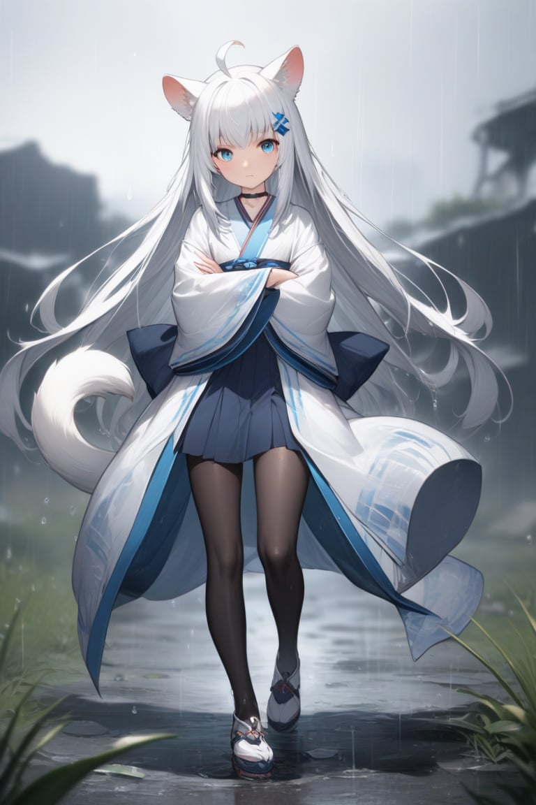 1girl, stoat girl, solo,  ((white hair)), very long hair, blue eyes, (straight hair), (bangs), animal ears, (stoat ears:1.2),
 Choker, ahoge, yaeba, (big white stoat Tail:1.2), (blue X hairpin), very beautiful girl, looking at viewer, /(perfect anatomy)/, kimono, crossing arms, dynamic pose (walking), full body, skirt, stockings, beautiful eyes, total heterochromia, frowning, background battlefield, slightly blurred background, wallpaper quality, badass girl, determined look, rain, waterdrop, water brushing girl's cheeks, almost prismatic eyes. Stunning and attractive image, 8k, detailed image, masterpiece quality.