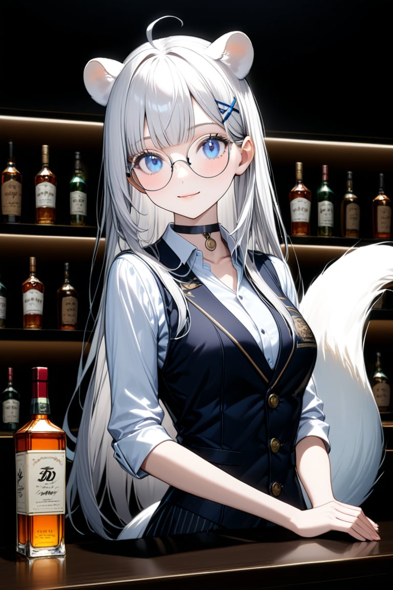 (extremely detailed fine touch:1.3), (from front shoot:1.3), upper body, 1girl, stoat girl, solo,  ((white hair)), very long hair, blue eyes, (straight hair), (bangs), animal ears, (stoat ears:1.2), Choker, ahoge, yaeba, (big white stoat Tail:1.2), (blue X hairpin), solo, alone, 2.5d, light smile, (((silver semi-rimless round eyewear:1.3))), bar, liquor bottle, bartender, Beautiful and detailed blue eyes and face, real skin glitter, pretty girl, bartender vest, rollup sleeve, neatly arranged liquor bottle, luxury label, atmospheric lighting, dark color palette,Japanese pattern