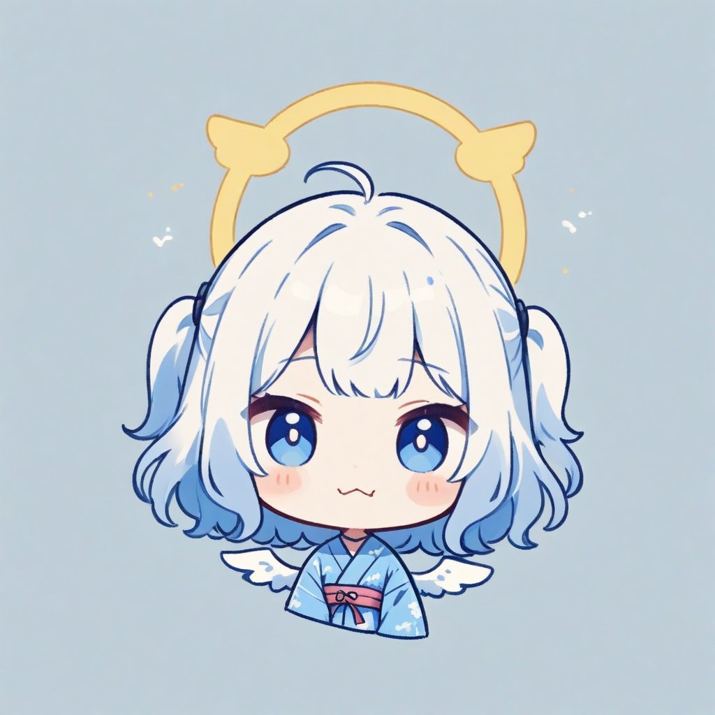 (chibi:1.3), masterpiece, made by a master, 4k, perfect anatomy, perfect details, best quality, high quality, lots of detail.
(solo), 1girl, angel, white hair, long curly hair, (two side up), blue eyes, (curly hair:1.2), (wavy hair), (hair curls), (bangs), (two side up), two blue hair ties on head, (Double golden halo on her head), bowtie choker, angel wings, ahoge, fang, (cute yukata, colorful yukata), smiling, single, (((>_<:1.4))), (upper body) ,Emote Chibi. cute comic,simple background, flat color, Cute girl,dal,Chibi Style,lineart,comic book,score_9,score_8_up,score_7_up,source_anime,Deformed