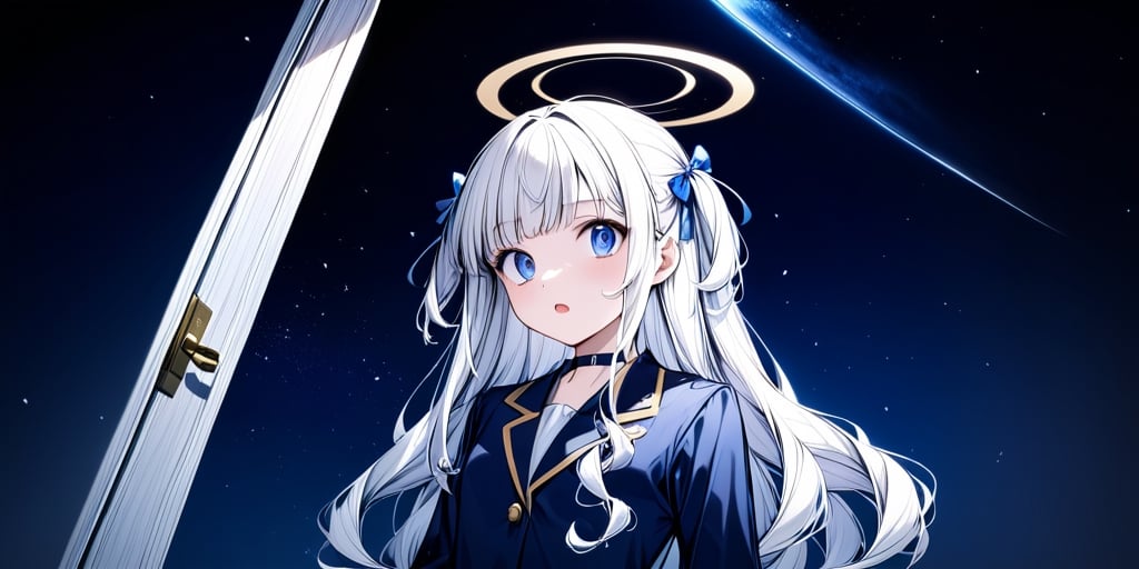 (masterpiece), full body:1.1, 1girl, (angel), white hair, long curly hair, two side up,blue eyes, two blue ribbons on her hair, (Double golden halo on her head), choker, ((angel wings)), solo, negative space, (starry sky background, standing), cinematic angle, side angle, from above:1, a girl in a school uniform, cute, black pleated skirt, blue blazer, blue bow in hair, ahoge, simple, facing viewer, manga illustration style, Trying to close the door, closing a door, a white wooden door, A mysterious door, Behind the door is a starry sky, bangs, staring blankly at the camera, surprised expression, open mouth, detailed blue eyes,