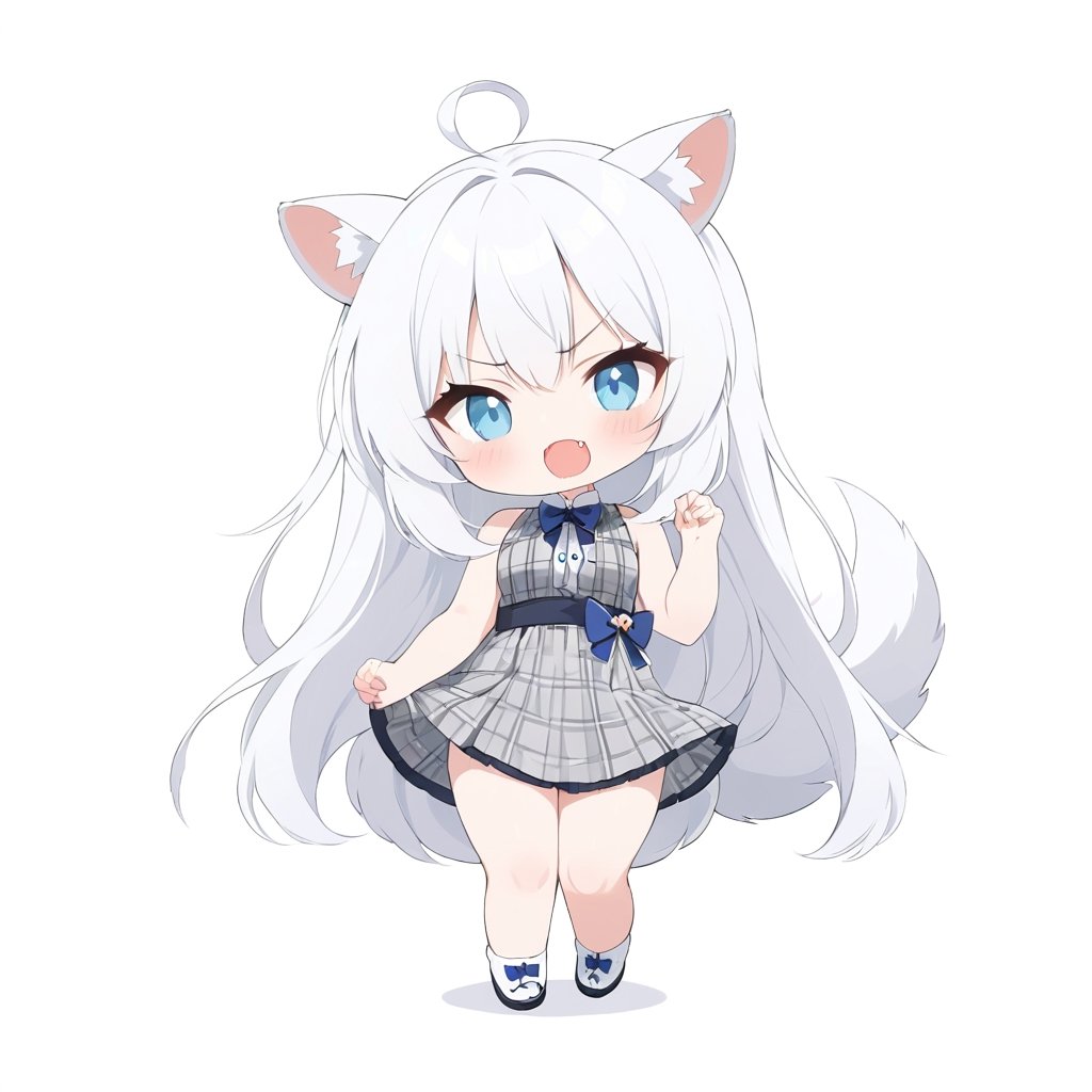 chibi, masterpiece, made by a master, 4k, perfect anatomy, perfect details, best quality, high quality, lots of detail.
(solo),1girl, ((white hair)), very long hair, blue eyes, (straight hair), (bangs), (stoat ears:1.2), ahoge, fang, (big stoat Tail:1.2), (plaid dress, chest bow), eating food, single, looking at viewer, (slightly angry), (chuckle), (full body) ,Emote Chibi. cute comic,simple background, flat color, Cute girl,Chibi Style,