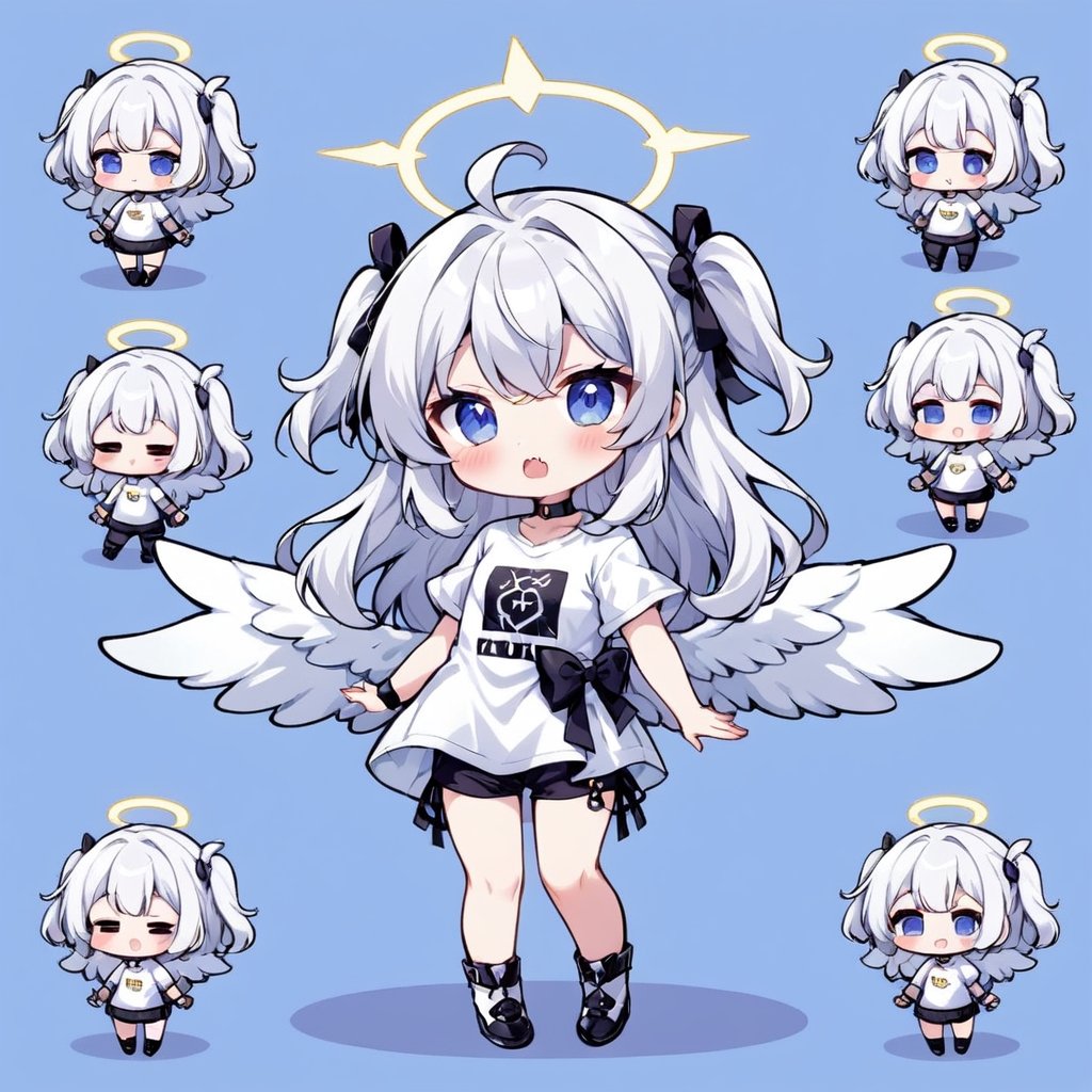 score_9,score_8_up,score_7_up, chibi, chibi style, 1girl, angel, ((white hair)), long curly hair, (two side up), blue eyes,  (curly hair:1.2), (wavy hair), (hair curls)
, (bangs), (two side up), two blue hair ties on head, (Double golden halo on her head), choker, angel wings, ahoge, fang, (=_=), (white T-shirt, pants), looking at viewer,blush,,simple background,standing,full body,comic book