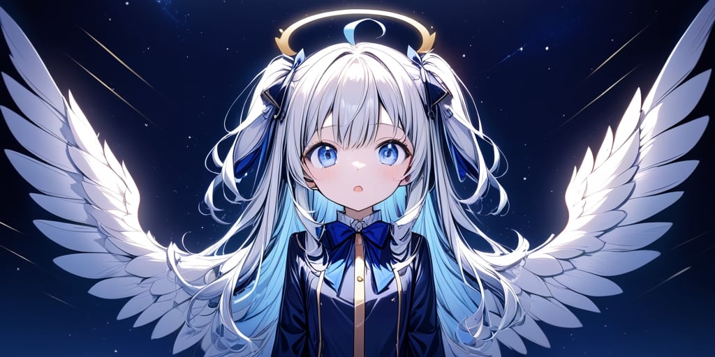 (masterpiece), full body:1.1, 1girl, (angel), white hair, long curly hair, two side up,blue eyes, two blue ribbons on her hair, (Double golden halo on her head), choker, ((angel wings)), solo, negative space, (starry sky background, standing), cinematic angle, side angle, from above:1, a girl in a school uniform, cute, black pleated skirt, blue blazer, blue bow in hair, ahoge, simple, facing viewer, manga illustration style, Trying to close the door, closing a door, a white wooden door, A mysterious door, Behind the door is a starry sky, bangs, staring blankly at the camera, surprised expression, open mouth, detailed blue eyes,