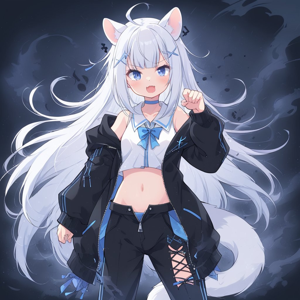 1girl, stoat girl, solo,  ((white hair)), very long hair, blue eyes, (straight hair), (bangs), animal ears, (stoat ears:1.2),
 Choker, ahoge, fangs, (big stoat Tail:1.2), (blue X hairpin), (White collared sleeveless top, (midriff), blue chest bow), 
(black hooded oversized jacket:1.2), (jacket zipper half unzipped), (black short pants) (Off the shoulders), anime, fightng pose,Anime Style.,kawaii,ink smoke