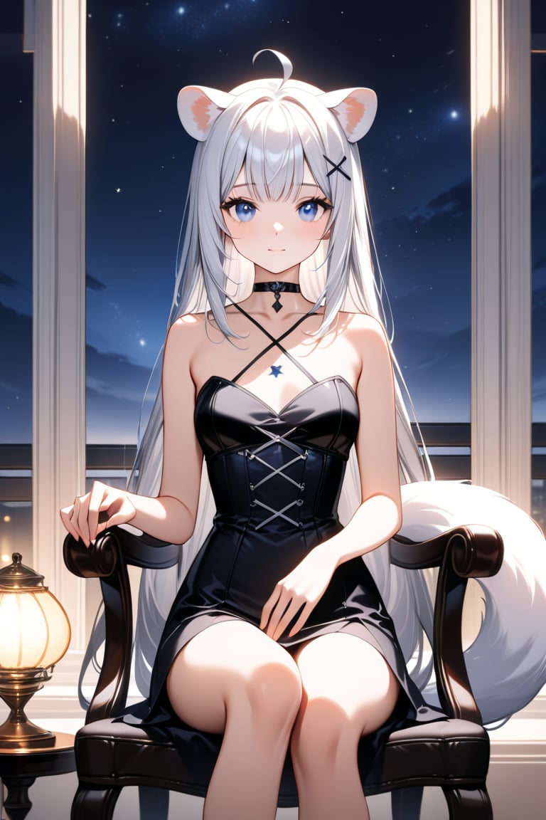 An animated image, 1girl, stoat girl, solo,  ((white hair)), very long hair, blue eyes, (straight hair), (bangs), animal ears, (stoat ears:1.2),
 Choker, ahoge, yaeba, (big white stoat Tail:1.2), (blue X hairpin), wearing a black strapless corset with a star on the chest. sitting on a black leather chair with her legs crossed. The chair is sitting in front of a window. There are two tables on either side of the woman with lamps on them, stunning image, digital art, professional style, ((masterpiece quality: 2)), starry night, close up, attractive image