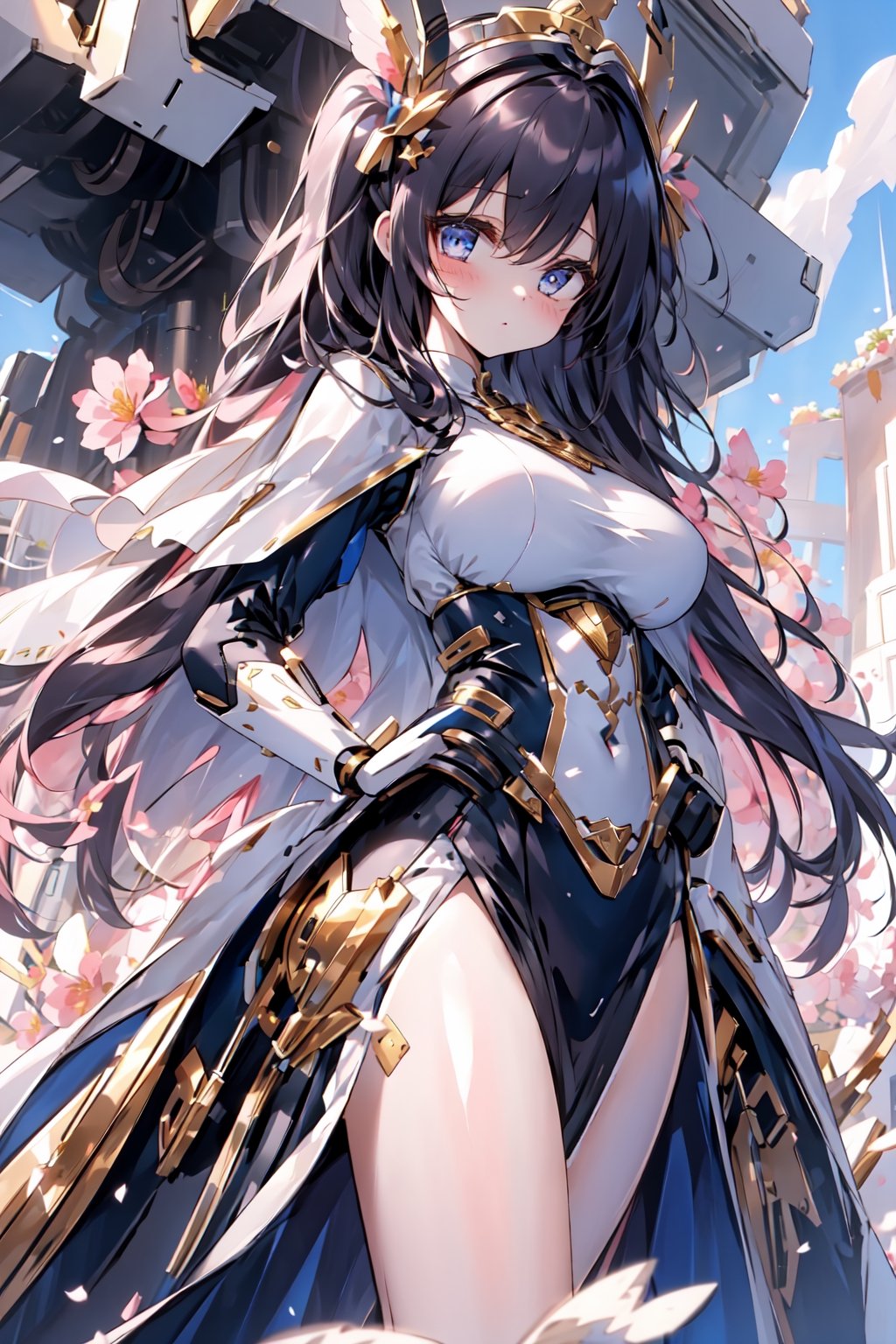 (panorama, wide shot), best quality, masterpiece, extremely detailed, detailed background, (from below:1.2), 1girl,angel, with sliver long curly hair, blue eyes, The temples on both sides are decorated with blue ribbons, 
(Double golden halo on her head), angel wings,looking at viewer, blue shirts, on side, fluffy hair, french , capelet, lace trim, bodice, blue sky, sunshine,long dress, ,sunny,scenery, grassland, high place, horizon, flowers, birds, wind, wind blow, (depth of field), bokeh,(twintails),mecha
