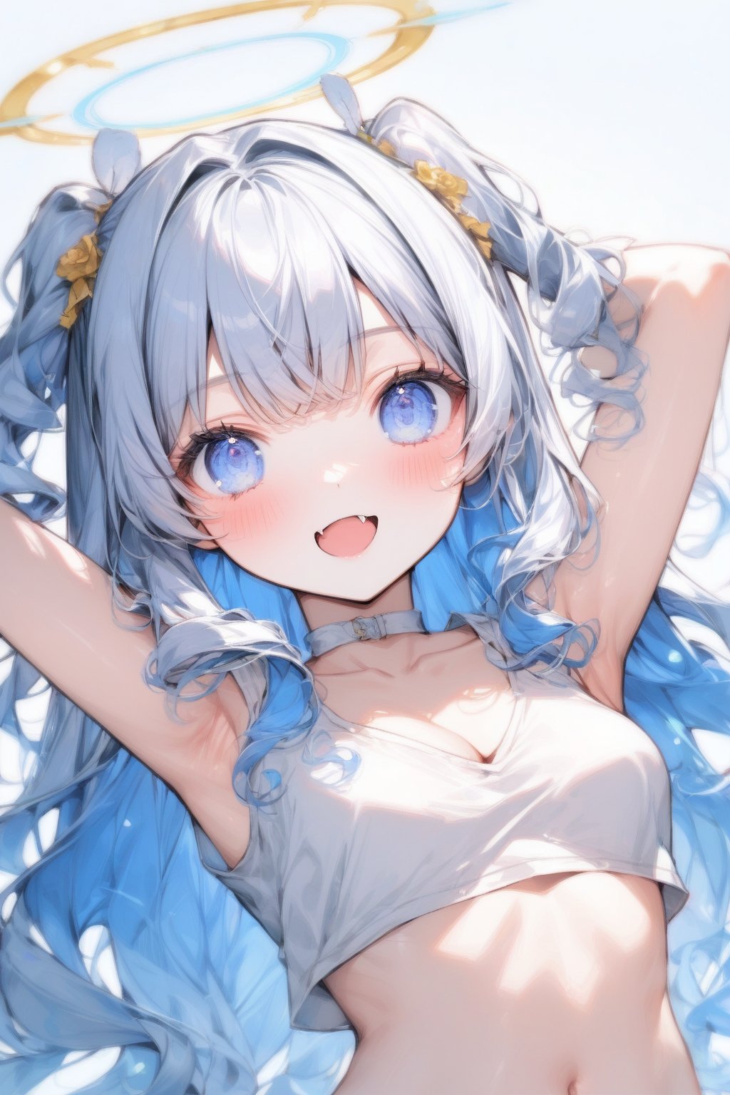 1girl, angel, white hair, long curly hair, (two side up), blue eyes,  (curly hair:1.2), (wavy hair), (hair curls)
, (bangs), (two side up), two blue hair ties on head, (Double golden halo on her head), bowtie choker, angel wings, ahoge, fang, solo, breasts, looking at viewer, blush, bangs, simple background, hair ornament, white background, navel, cleavage, medium breasts, collarbone, jacket, upper body, multicolored hair, one eye closed, midriff, wearing white T-shirt, armpits, arms up, cropped torso, colored inner hair, stretching, black camisole, vivid color, masterpiece, best quality, amazing quality, very aesthetic, absurdres, depth of field, score_9, score_8, score_7, score_6,sexy girl,1girl,