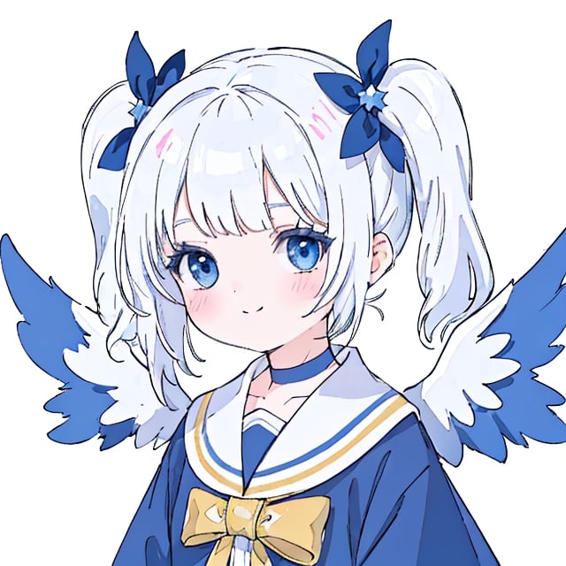 (masterpiece, top quality, best quality, official art, beautiful and aesthetic:1.2),(8k, best quality, masterpiece:1.2), 1girl, angel, white hair, long curly hair, two side up, Bangs, blue eyes, two blue ribbons on her hair, (Double golden halo on her head), choker, angel wings, blue choker, Bow collar, dress, cute smile, open mouth, masterpiece, best quality, aesthetic, realistic, ,game icon institute,line anime