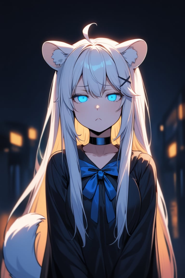  1girl, stoat girl, solo,  ((white hair)), very long hair, blue eyes, (straight hair), (bangs), animal ears, (stoat ears:1.2),
 Choker, ahoge, yaeba, (big white stoat Tail:1.2), (blue X hairpin), mature female, no pupils, straight-on, half-closed eyes, narrowed eyes, pout, blurry background, alp, (((neon theme))), perfect_hands, dark theme, vivid color, masterpiece, best quality, amazing quality, very aesthetic, absurdres, depth of field, score_9, archi-ghelber-style