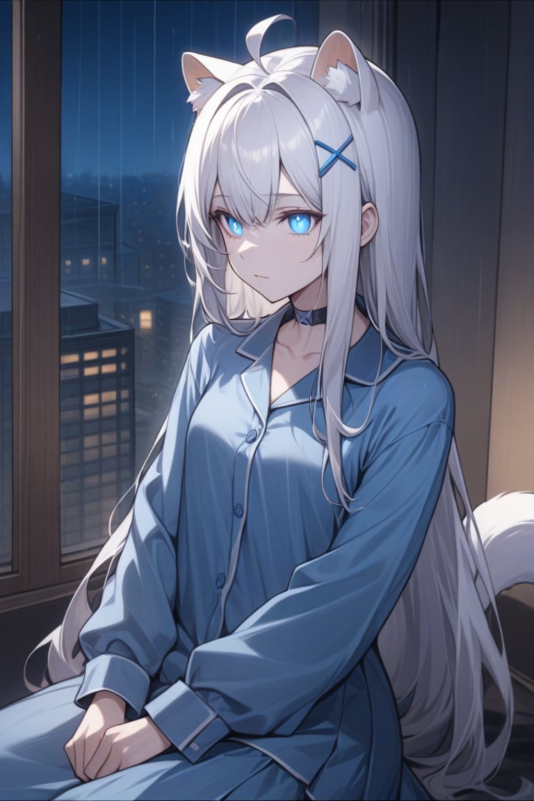 detailed, (masterpiece), very_aesthetic, absurdres, pale_skin, solo, 1girl, stoat girl, solo,  ((white hair)), very long hair, blue eyes, (straight hair), (bangs), animal ears, (stoat ears:1.2),
 Choker, ahoge, yaeba, (big white stoat Tail:1.2), (blue X hairpin), glowing_eyes, upper_body, long_hair, night, indoors, pajamas, long_sleeves, sitting, closed_mouth, window, rain, cityscape, collared_shirt, skirt, night_sky, collarbone, building