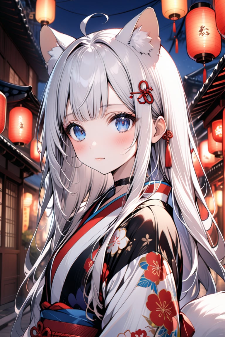 1girl, stoat girl, solo,  ((white hair)), very long hair, blue eyes, (straight hair), (bangs), animal ears, (stoat ears:1.2),
 Choker, ahoge, yaeba, (big white stoat Tail:1.2), (blue X hairpin), solo, long hair, looking at viewer, blush, bangs,  closed mouth, upper body, outdoors, japanese clothes, sky, choker, blurry, night, floral print, building, lantern, paper lantern