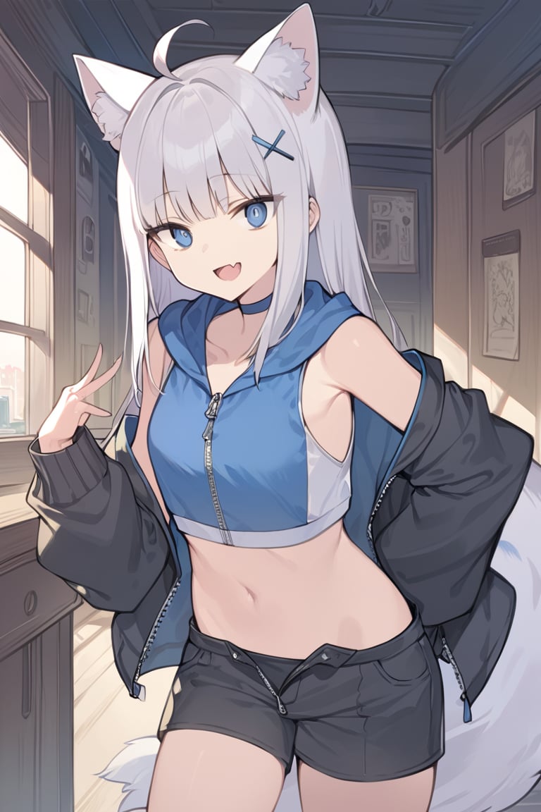 2d,fantastic,masterpiece,best quality,hdr,high resolution,perfect anatomy, extremely detailed, nsfw,1girl, stoat girl, solo, ((white hair)), very long hair, blue eyes, (straight hair), (bangs), animal ears, (stoat ears:1.2), Choker, ahoge, fangs, (big white fox Tail:1.2), (blue X hairpin),  (White collared sleeveless top, (midriff), blue chest bow), (black hooded oversized jacket:1.2), (jacket zipper half unzipped), (black short pants) (Off the shoulders),, smiling, (bags_under_eyes,jitome),clothed,skin fang,open mouth,tongue,smile,