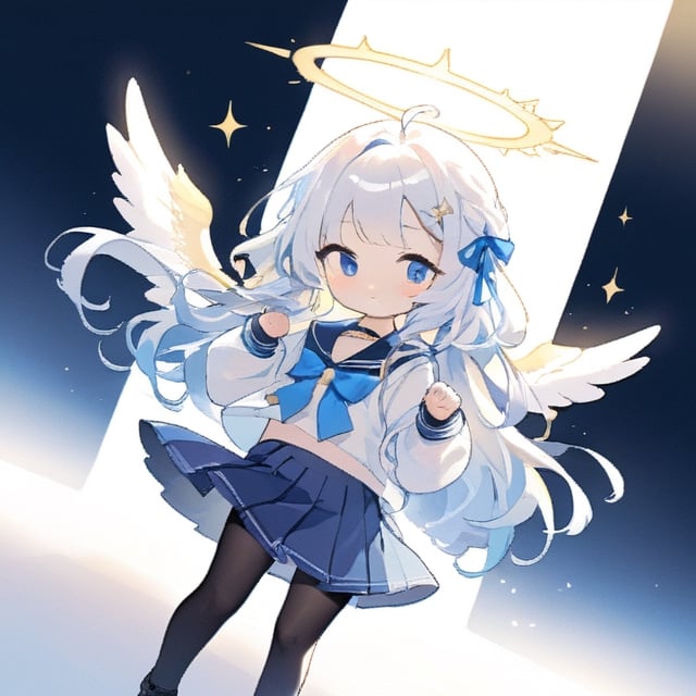  chibi, masterpiece, best quality,1girl, angel, (white hair), long curly hair, (two side up),blue eyes, (two blue ribbons on her hair), ((Double golden halo on her head)), choker, ((angel wings)), ahoge,blue school uniform,sailor collar,long sleeves,pleated skirt,white pantyhose,
,masterpiece