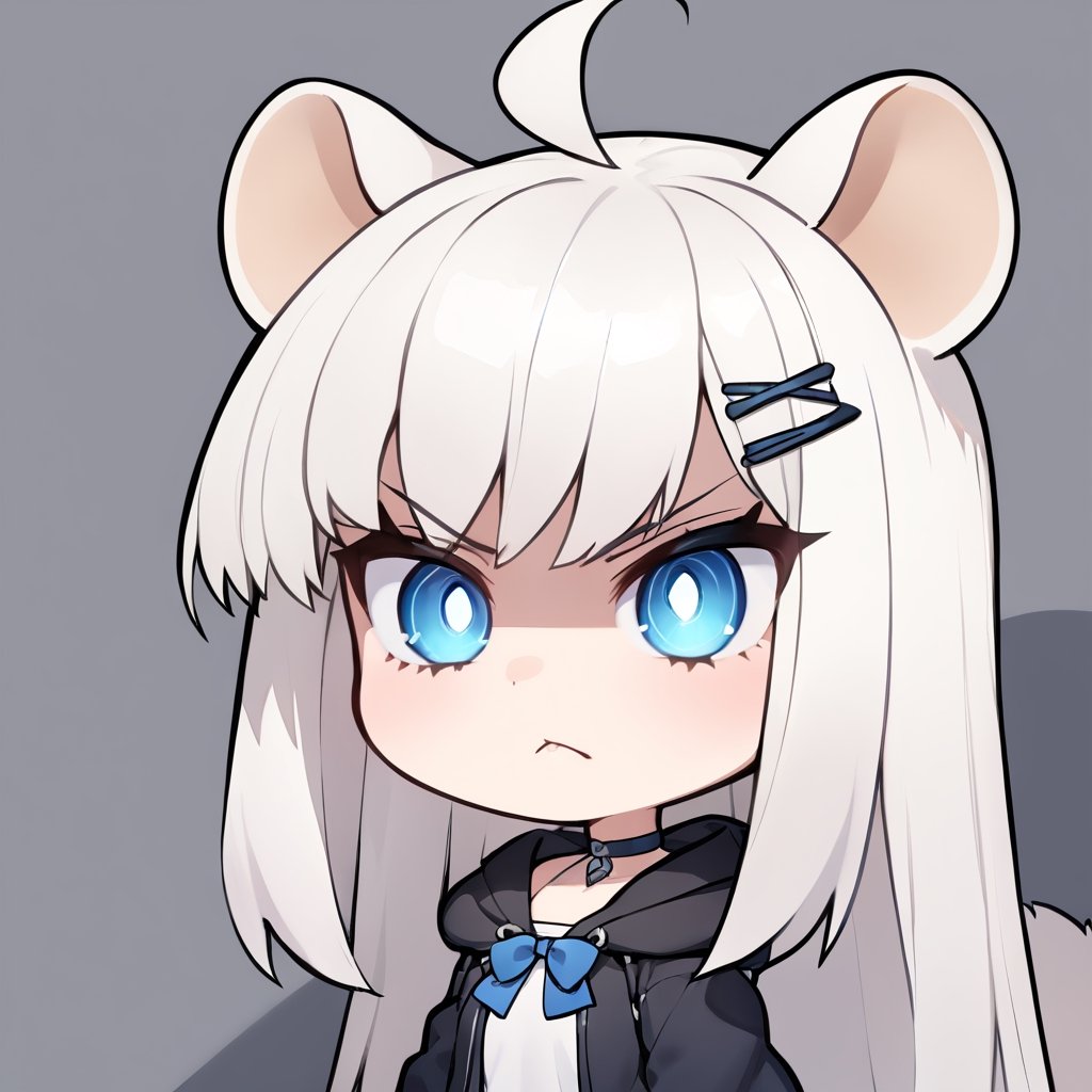 (chibi style), {{{masterpiece}}}, {{{best quality}}}, {{ultra-detailed}}, {beautiful detailed eyes},1girl, solo,  ((white hair)), very long hair, blue eyes, (straight hair), (bangs), animal ears, (stoat ears:1.2), Choker, ahoge, fangs, (big stoat Tail:1.2), (X hairpin), (White sleeveless collared dress, blue chest bow), (black hooded oversized jacket:1.2), (Off the shoulders), ((shadow face:1.2)), (angry eyes), (closed mouth), upper body,chibi emote style,chibi,emote, cute,