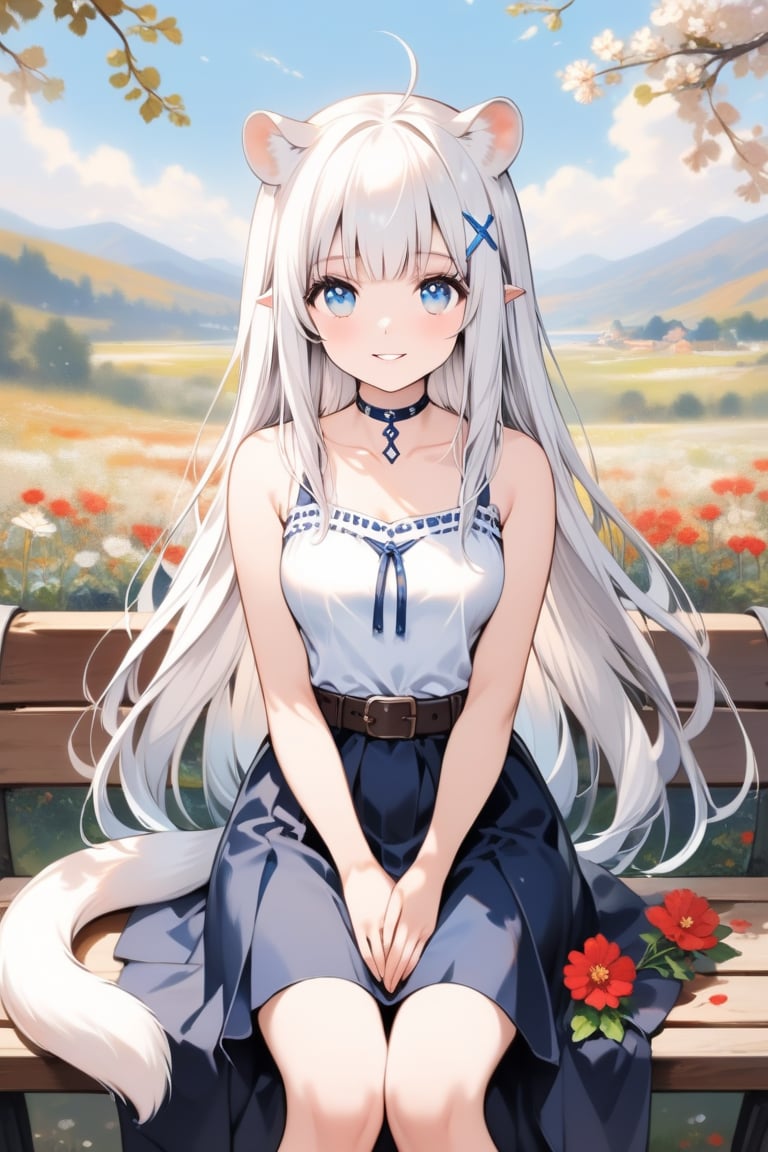 1girl, stoat girl, solo,  ((white hair)), very long hair, blue eyes, (straight hair), (bangs), animal ears, (stoat ears:1.2),
 Choker, ahoge, yaeba, (big white stoat Tail:1.2), (blue X hairpin), solo, breasts, looking at viewer, smile, bangs, skirt, bare shoulders, sitting, white shirt, flower, outdoors, parted lips, sleeveless, day, belt, sleeveless shirt, black skirt, red flower, bench, hands on lap, fine art parody, oil painting style