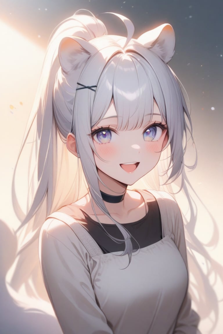 1girl, stoat girl, solo,  ((white hair)), very long hair, blue eyes, (straight hair), (bangs), animal ears, (stoat ears:1.2),
 Choker, ahoge, yaeba, (big white stoat Tail:1.2), (blue X hairpin), very beautiful girl, smiling open mouth, happy, ponytail hairstyle, long hair, himecut hairstyle, casual outfit, Tokyo, watercolor splashes, masterpiece quality, stunning image, masterpiece, 8K, stunning image, light particles, attractive image, reflections, watercolor \(medium\),Beautiful eyes