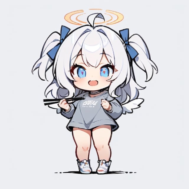  chibi, masterpiece, best quality, solo, 1girl, angel, (white hair), long curly hair, (two side up),blue eyes, (two blue ribbons on her hair), ((Double golden halo on her head)), choker, ((angel wings)), ahoge, full body, cute smile, best smile, open mouth, Wearing grey Hooded T-shirt, long sleeves, pleated skirt, (holding a pair of huge chopsticks), ,masterpiece,simple background, ,