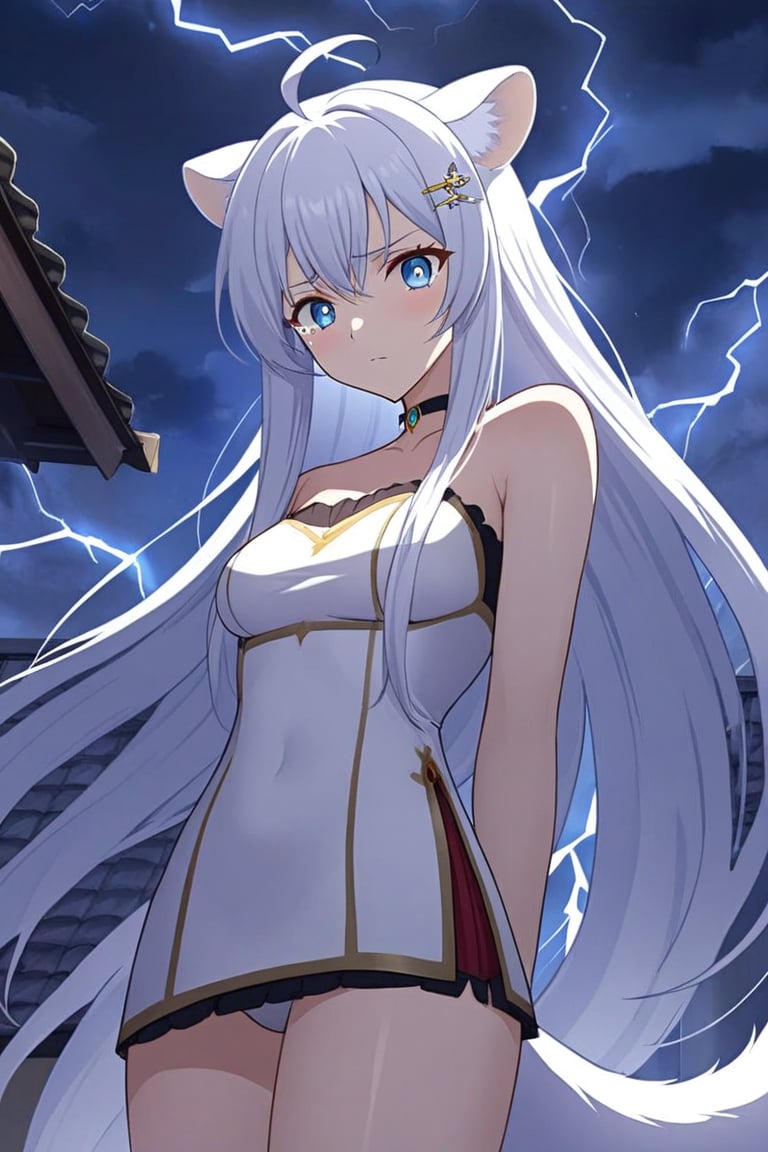 Front view, (score 9, score 8 up, score_7_up, source anime, (masterpiece), best quality, expressive eyes, perfect face, (masterpiece), best quality, expressive eyes, perfect face, at night, 1girl, stoat girl, solo,  ((white hair)), very long hair, blue eyes, (straight hair), (bangs), animal ears, (stoat ears:1.2),
 Choker, ahoge, yaeba, (big white stoat Tail:1.2), (blue X hairpin),, standing, eerily intense, if looks could kill, lightning arcing from her, powerful, on a roof top night time, electricity aura, tears, eyes glowing, taking an action stance, ready to fight