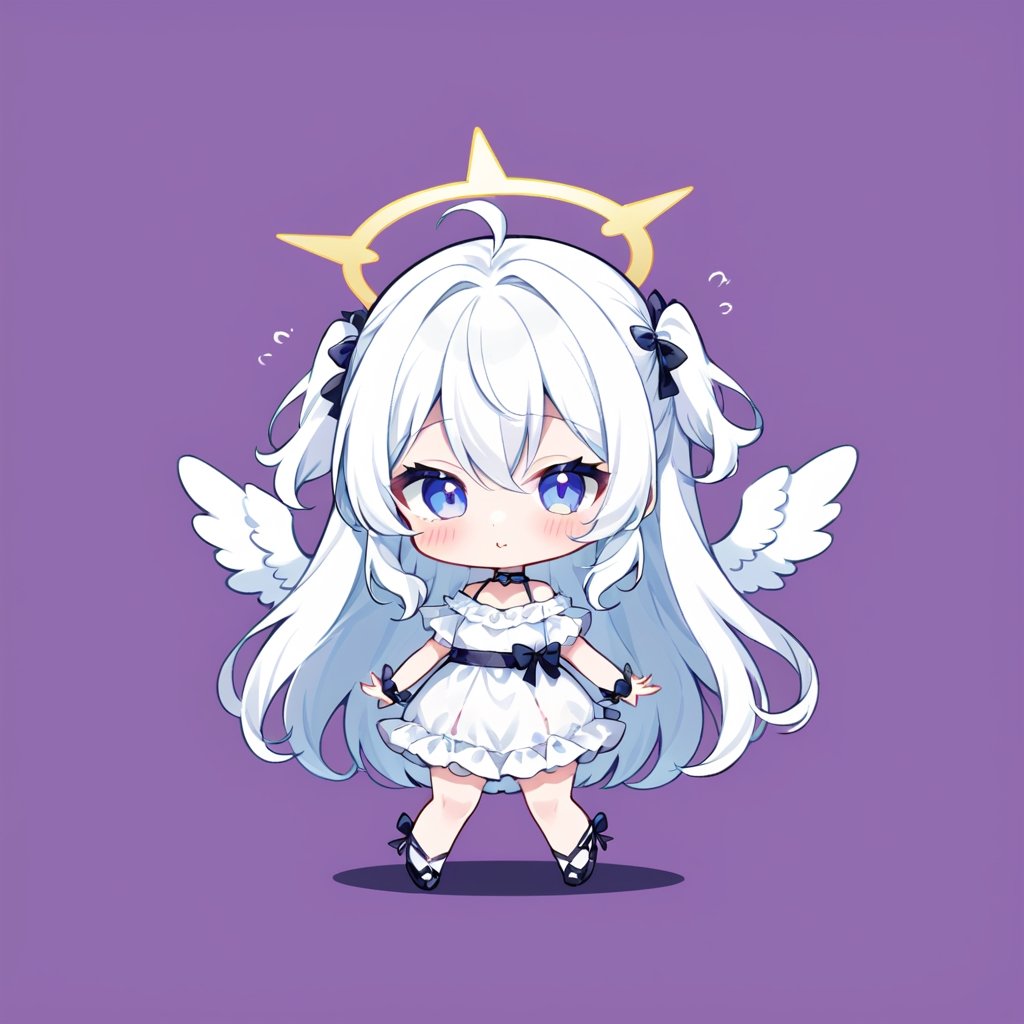 score_9,score_8_up,score_7_up, chibi, chibi style, 1girl, angel, ((white hair)), long curly hair, (two side up), blue eyes,  (curly hair:1.2), (wavy hair), (hair curls)
, (bangs), (two side up), two blue hair ties on head, (Double golden halo on her head), choker, angel wings, ahoge, fang, (white T-shirt, pants), looking at viewer,blush,,simple background,white background,closed mouth,standing,full body,