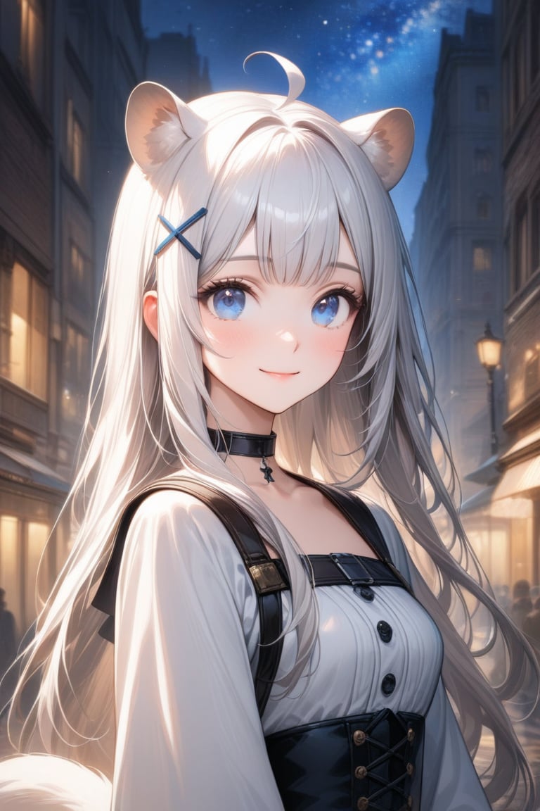 1girl, stoat girl, solo,  ((white hair)), very long hair, blue eyes, (straight hair), (bangs), animal ears, (stoat ears:1.2),
 Choker, ahoge, yaeba, (big white stoat Tail:1.2), (blue X hairpin), masterpiece quality, upper body, looking at viewer, smiling, corset, walking in renacentist city, close up, stunning image, light particles, stunning image, digital art, professional style, ((masterpiece quality: 2)), starry night, close up, attractive image, fine art parody, oil painting style. 