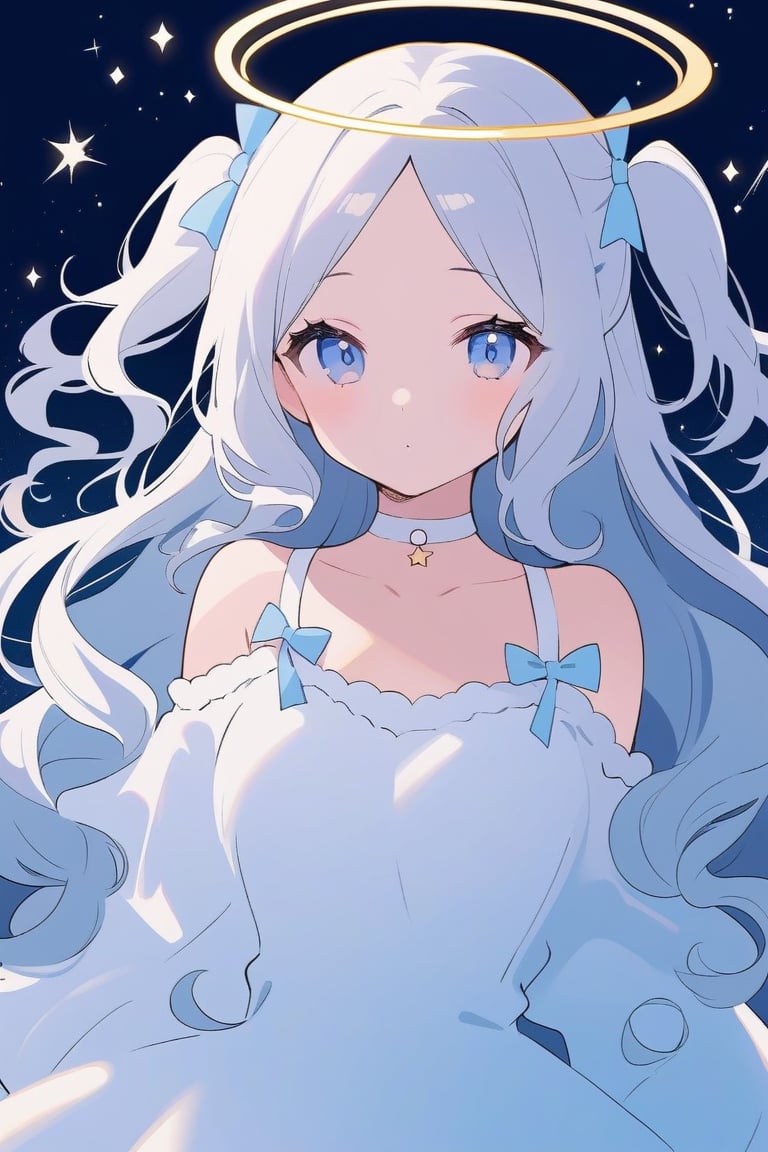 (finely best quality illustration:1.2), (kawaii girl:1.1), (1girl, solo:1), coquettish skin,  angel, white hair, long curly hair, (two side up), blue eyes, two blue bows on head, (Double golden halo on her head), choker, angel wings on back, ahoge, 
silver hair, wavy hair, hair,
pop, candy, kawaii, watercolor medium, dramatic angle,  lowing long hair, parted bangs, grey hair, flowery bubbles, the bottom of the bottle background, sparkle, 