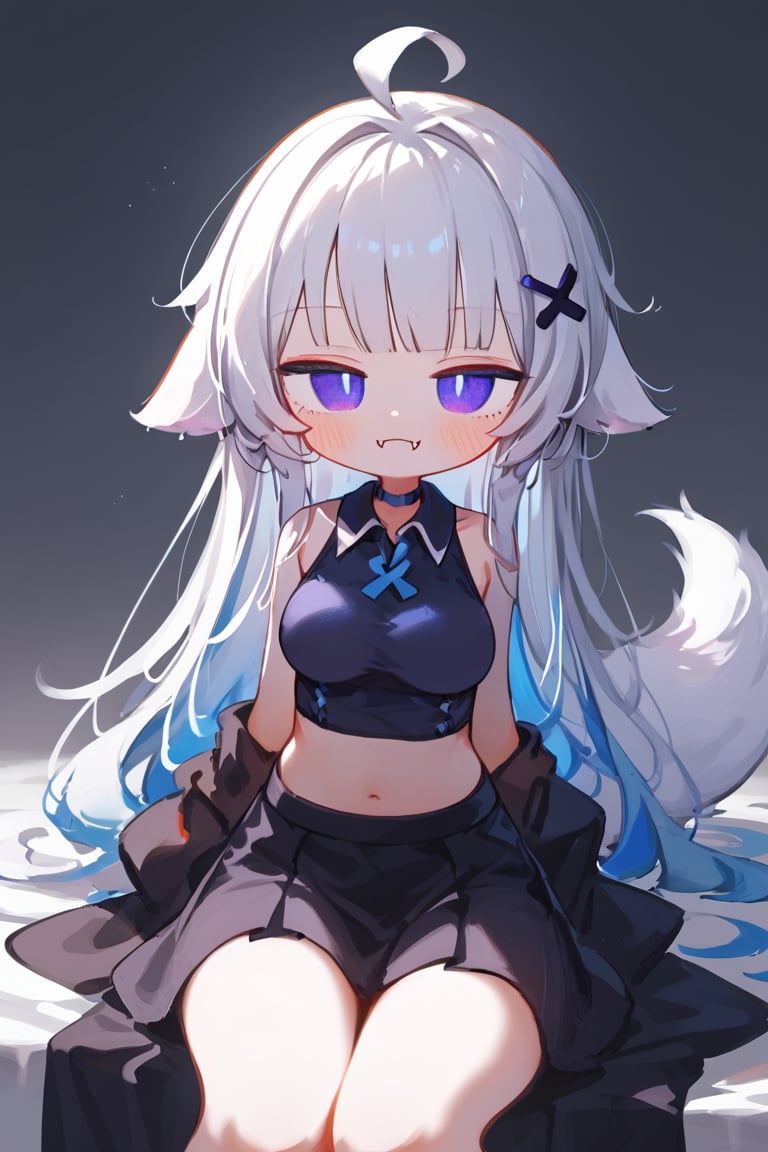 (score_9, score_8_up, score_7_up), 1girl, stoat girl, solo,  ((white hair)), very long hair, blue eyes, (straight hair), (bangs), animal ears, (stoat ears:1.2),
 Choker, ahoge, fangs, (big stoat Tail:1.2), (blue X hairpin), (White collared sleeveless top, (midriff), blue chest bow), dress, long hair, smile, solo, (medium breasts:2), white hair, black dress, looking at viewer, breasts, bare shoulders, sidelocks, collarbone, blush, sitting, purple eyes, blue eyes, beautiful eyes, (petite:2), blunt bangs, gradient hair, 