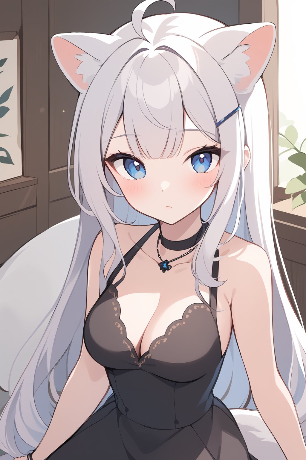 1girl, stoat girl, solo,  ((white hair)), very long hair, blue eyes, (straight hair), (bangs), animal ears, (stoat ears:1.2),
 Choker, ahoge, yaeba, (big stoat Tail:1.2), (blue X hairpin), solo, long hair, breasts, looking at viewer, blush, bangs, blue eyes, hair ornament, dress, ribbon, cleavage, bare shoulders, jewelry, medium breasts, sitting, very long hair, closed mouth, collarbone, sleeveless, indoors, necklace, black dress, bracelet, sleeveless dress, arm support, wavy hair,Cute Anime