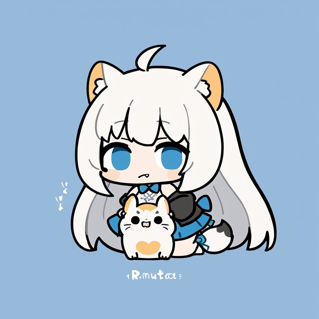 chibi, masterpiece, made by a master, 4k, perfect anatomy, perfect details, best quality, high quality, lots of detail.
(solo),1girl, ((white hair)), very long hair, blue eyes, (straight hair), (bangs), animal ears, (stoat ears:1.2), ahoge, fang, (big stoat Tail:1.2), (White sleeveless two piece dress, blue chest bow), (black hooded jacket:1.2), (Off the shoulders), (fighting with a rabbit), single, looking at viewer, (full body) ,Emote Chibi. cute comic,simple background, flat color, Cute girl,Chibi Style,chibi emote style,cute,anime