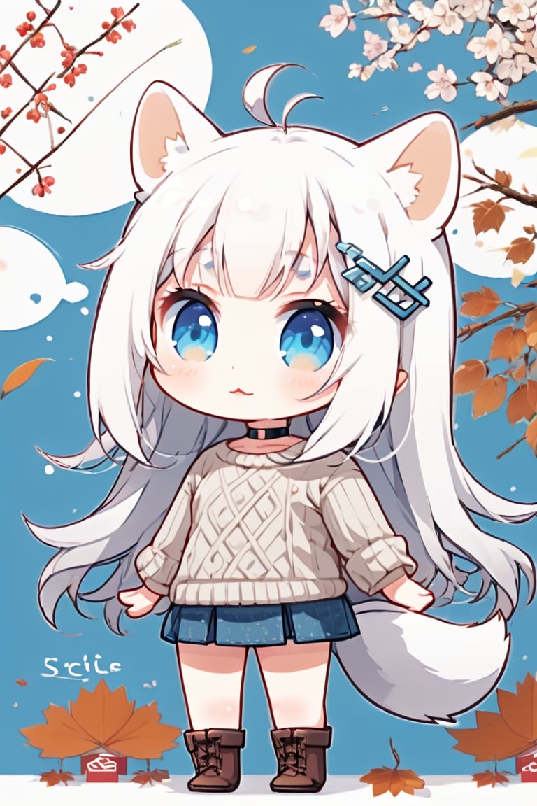 Simple background, Japanese pattern background, ((A chibi girl)), 1girl, stoat girl, solo,  ((white hair)), very long hair, blue eyes, (straight hair), (bangs), animal ears, (stoat ears:1.2),
 Choker, ahoge, yaeba, (big white stoat Tail:1.2), (blue X hairpin), in a wool sweater and corduroy skirt, leather boots, warming herself against a chilly breeze in Autumn