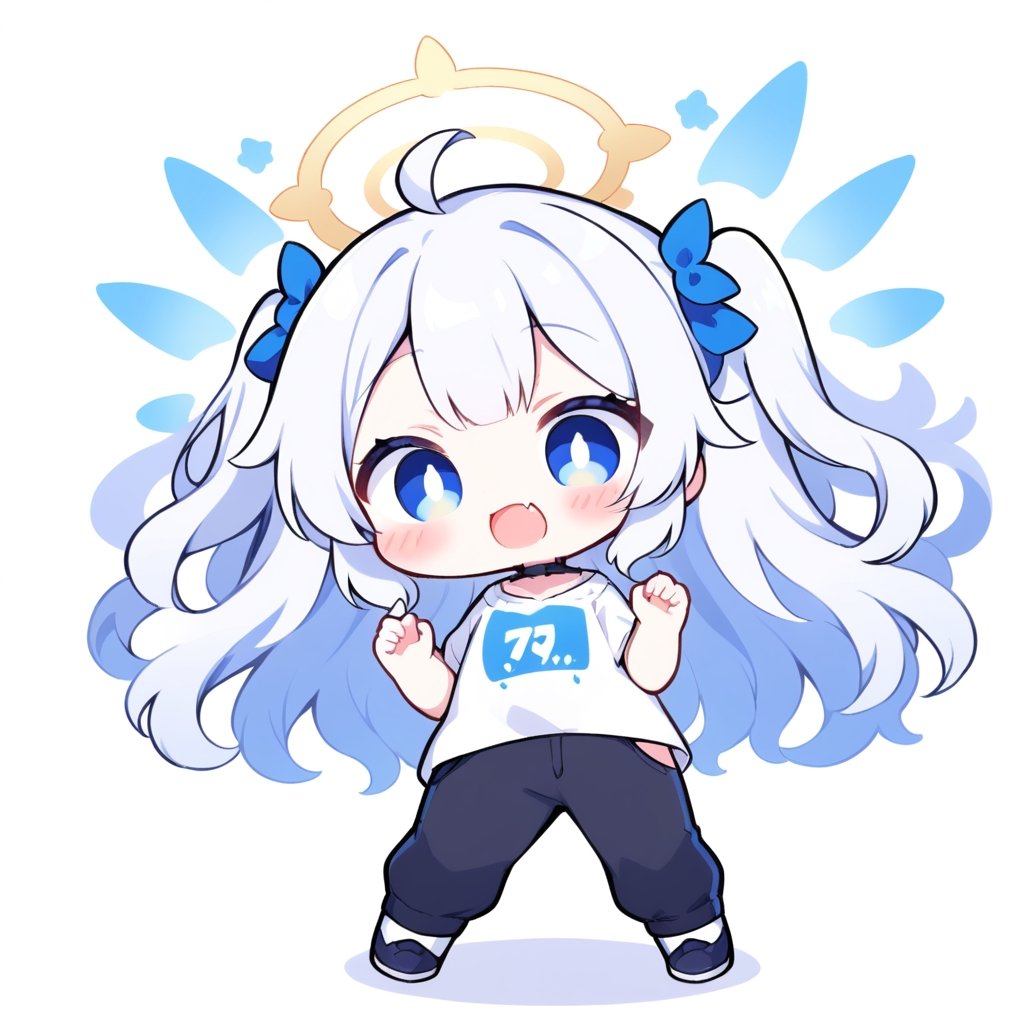 score_9,score_8_up,score_7_up, chibi, chibi style, 1girl, angel, ((white hair)), long curly hair, (two side up), blue eyes,  (curly hair:1.2), (wavy hair), (hair curls)
, (bangs), (two side up), two blue hair ties on head, (Double golden halo on her head), choker, angel wings, ahoge, fang, (=_=), (white T-shirt, pants), looking at viewer,blush,simple background,standing,full body,comic book