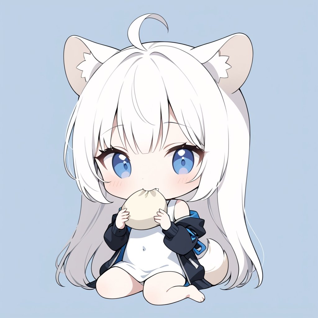 chibi, masterpiece, made by a master, 4k, perfect anatomy, perfect details, best quality, high quality, lots of detail.
(solo),1girl, ((white hair)), very long hair, blue eyes, (straight hair), (bangs), animal ears, (stoat ears:1.2), Choker, ahoge, fang, (big stoat Tail:1.2), (White sleeveless two piece dress, blue chest bow), (black hooded oversized jacket:1.2), (Off the shoulders), (eating a fried dumpling:1.2), single, looking at viewer, (full body) ,Emote Chibi. cute comic,simple background, flat color, Cute girl,Chibi Style,chibi emote style,portraitart