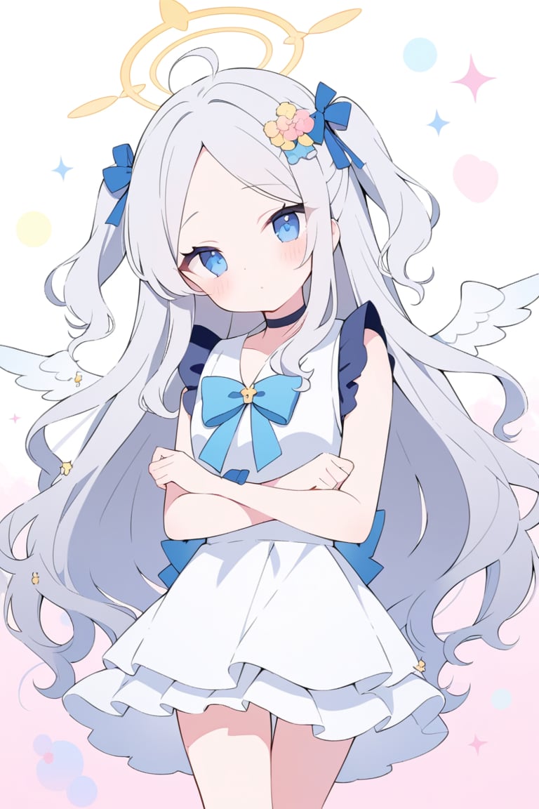 (finely best quality illustration:1.2), (kawaii girl:1.1), (1girl, solo:1), coquettish skin,  angel, white hair, long curly hair, (two side up), blue eyes, two blue bows on head, (Double golden halo on her head), choker, angel wings on back, ahoge, 
silver hair, wavy hair, hair,
pop, candy, kawaii, watercolor medium, dramatic angle,  lowing long hair, parted bangs, grey hair, flowery bubbles, the bottom of the bottle background, sparkle, 