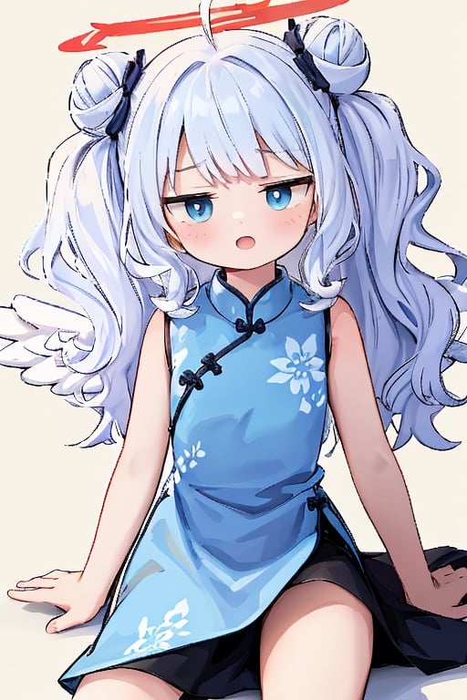 cute, (masterpiece), (best quality), thin, Flatchested, 1girl, angel, white hair, long curly hair, (two side up), blue eyes,  (curly hair:1.2), (wavy hair), (hair curls)
, (bangs), (two side up), two blue hair ties on head, (Double golden halo on her head), bowtie choker, angel wings, ahoge, fang, solo, (bun hair) , fantai12, (black skirt), (pink cheongsam), (messy hair),fantai12, expression,female