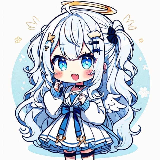 cute, kawaii, chibi, 1girl, angel, ((white hair)), long curly hair, (two side up), blue eyes,  (curly hair:1.2), (wavy hair), (hair curls), (bangs), (two side up), two blue hair ties on head, (Double golden halo on her head), choker, angel wings, ahoge, fang, White dress with blue lace trim, anime style, cute pose,