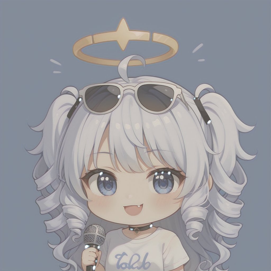 (chibi style), {{{masterpiece}}}, {{{best quality}}}, {{ultra-detailed}}, {beautiful detailed eyes}. 1girl, angel, white hair, long curly hair, (two side up), blue eyes,  (curly hair:1.2), (wavy hair), (hair curls), (bangs), (two side up), two blue hair ties on head, (Double golden halo on her head), choker, angel wings, ahoge, fang, (white T-shirt), (rapping), (black sunglasses), (microphone), upper body,chibi emote style,chibi,emote, cute,Emote Chibi,anime,