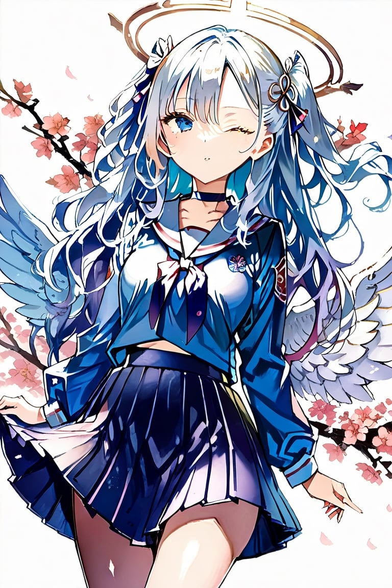 masterpiece, best quality, aesthetic,a mature 1girl, angel, white hair, long curly hair, (two side up), blue eyes, Two blue hair ties on head , (Double golden halo on her head), choker, angel wings,ahoge,hair over one eye,samurai,(vintage jkseifuku:1.4),sakura