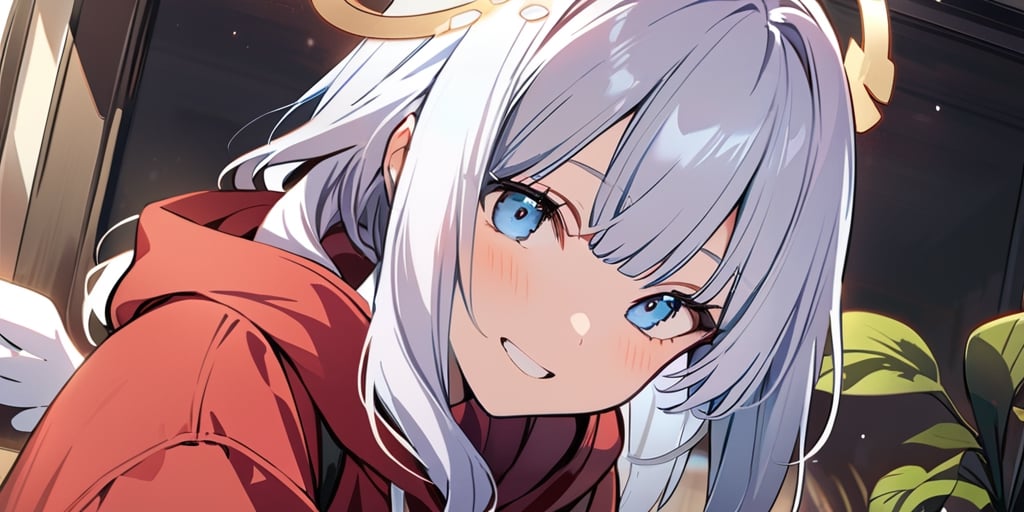 ((masterpiece, best quality, highres:1.2)), perfect face, more detail XL, Kyoto animation style, depth of field, 1girl, solo, angel, white hair, long curly hair, blue eyes, two blue ribbons on her hair, (Double golden halo on her head), angel wings, breasts, looking at viewer, smile, bangs, long sleeves, upper body, teeth, indoors, hood, cosplay, hoodie, plant, hood up, red hoodie