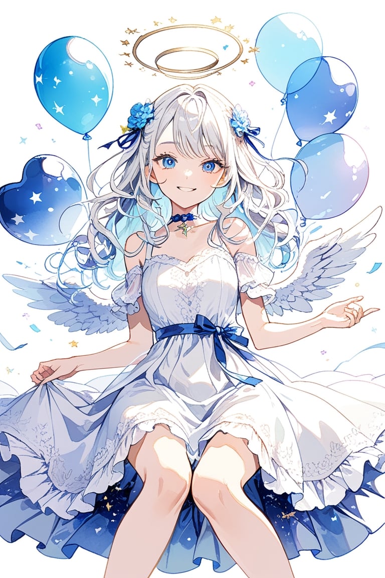 //quality
masterpiece, best quality, aesthetic, 
//Character
1girl, angel, white hair, long curly hair, ((two side up)), blue eyes, (two blue ribbons on her hair), (Double golden halo on her head), choker, angel wings, glossy lips, (beautiful and detailed eyes:1.1), big eyes, (medium breasts:1.1), (smirk:1.2), 
//Fashion
A girl with a light blue ribbon tied in her hair is wearing a fluffy and cute dress. The dress is white and blue with floral patterns, and the skirt is spread out to the knees. A ribbon of the same color as the light blue ribbon is decorated on the chest of the dress. The girl has a shy smile on her face and poses for the camera. Her eyes sparkle and her happy expression is impressive. The girl's illustration makes you feel a bright and gentle atmosphere.

Behind the girl, there is a colorful and fun background. Colorful balloons, flowers, stars, and hearts are floating in the sky. The colors of the background match the girl's dress and ribbon, enhancing the gorgeousness and cuteness. 
//Background 
(watercolor:0.6), dynamic pose, dynamic angle, 