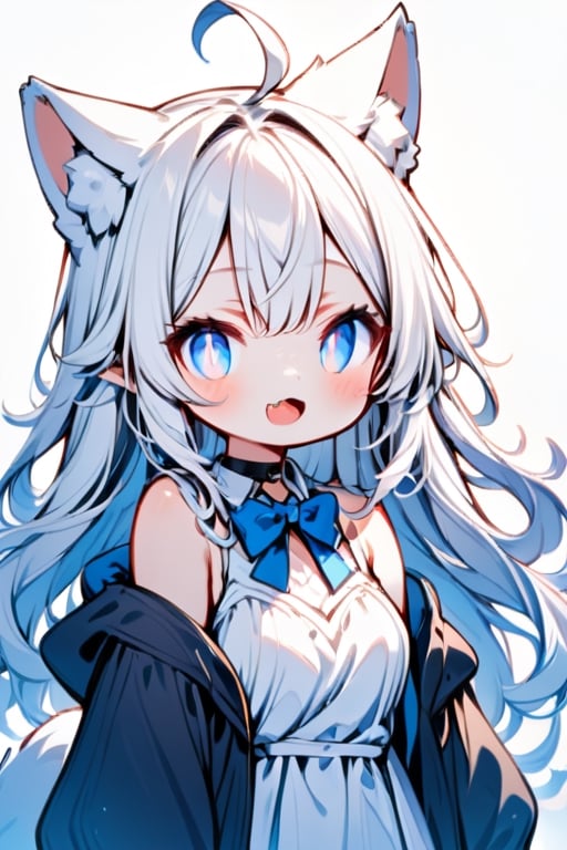 1girl, solo,  ((white hair)), very long hair, blue eyes, (straight hair), (bangs), animal ears, (stoat ears:1.2), Choker, ahoge, fangs, (big stoat Tail:1.2), 
(White sleeveless collared dress, blue chest bow), (black hooded oversized jacket:1.2), (Off the shoulders), looking at viewer, simple background, shirt,, white background, upper body,female ,girl ,