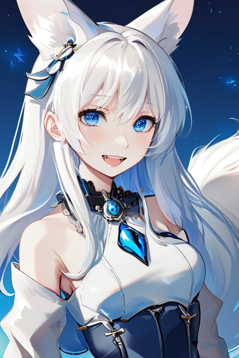 1girl, stoat girl, solo,  ((white hair)), very long hair, blue eyes, (straight hair), (bangs), animal ears, (stoat ears:1.2),
 Choker, ahoge, fangs, (big stoat Tail:1.2), (blue X hairpin), (blue chest bow), cute outfit, portrait, anime style, night light, charming, nature,