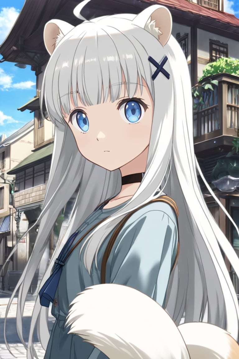 1girl, stoat girl, solo,  ((white hair)), very long hair, blue eyes, (straight hair), (bangs), animal ears, (stoat ears:1.2),
 Choker, ahoge, yaeba, (big white stoat Tail:1.2), (blue X hairpin),  casual outfit, outdoors, looking at viewer, close view,midjourney,anime,1girl_Anime,Detail