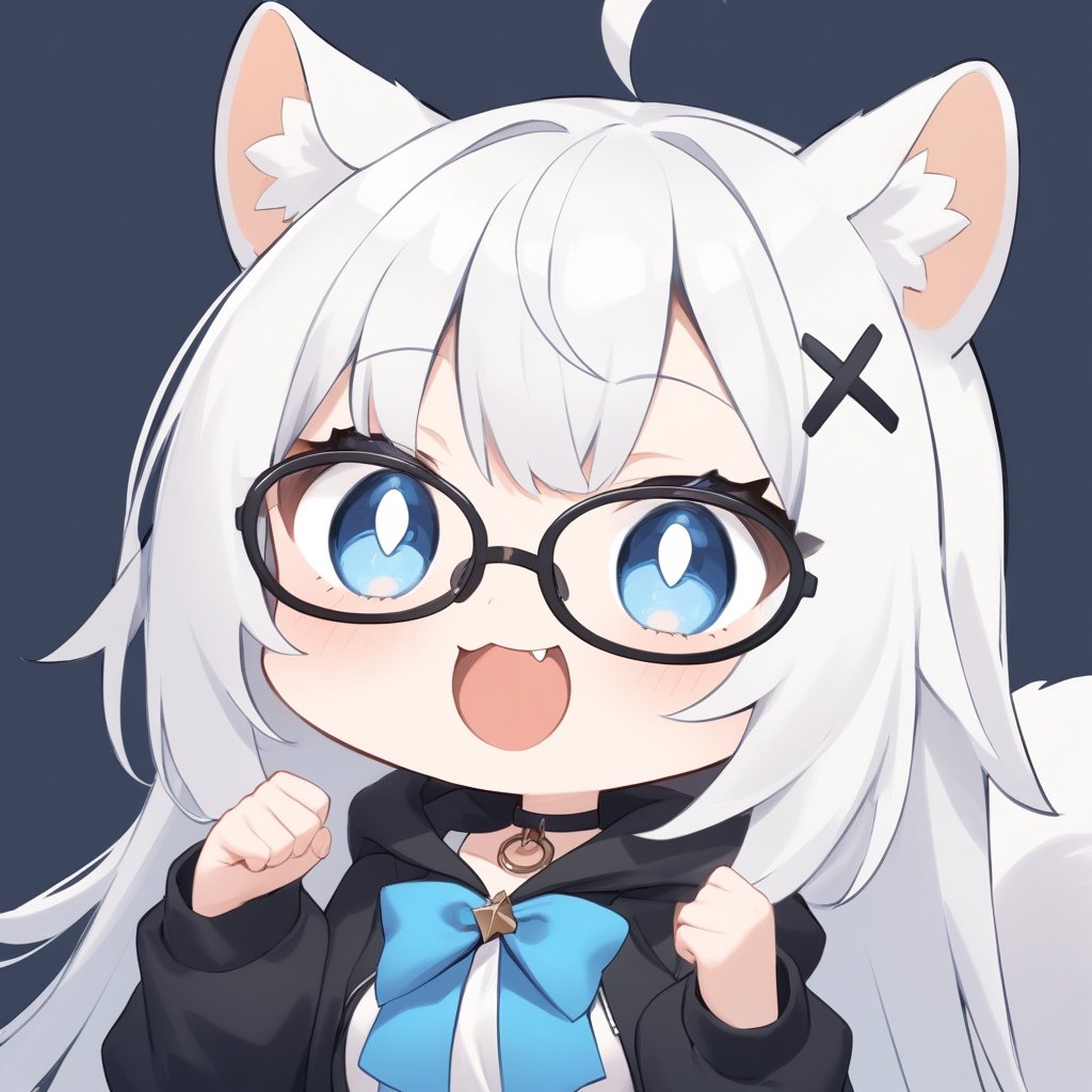 {{{masterpiece}}}, {{{best quality}}}, {{ultra-detailed}}, {beautiful detailed eyes},1girl, solo,  ((white hair)), very long hair, blue eyes, (straight hair), (bangs), animal ears, (stoat ears:1.2), Choker, ahoge, fangs, (big stoat Tail:1.2), (X hairpin), (White sleeveless collared dress, blue chest bow), (black hooded oversized jacket:1.2), (Off the shoulders), (glasses), O_O, smile, hand on face, upper body,chibi emote style,chibi,emote,