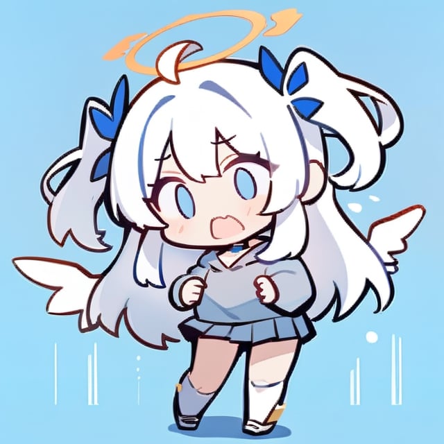  chibi, masterpiece, best quality,1girl, angel, (white hair), long curly hair, (two side up),blue eyes, (two blue ribbons on her hair), ((Double golden halo on her head)), choker, ((angel wings)), ahoge,surprised expression, open mouth,Wearing grey Hooded T-shirt, long sleeves,pleated skirt,masterpiece,simple background
