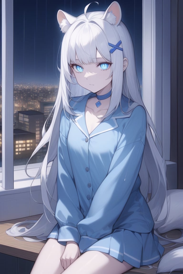 detailed, (masterpiece), very_aesthetic, absurdres, pale_skin, solo, 1girl, stoat girl, solo,  ((white hair)), very long hair, blue eyes, (straight hair), (bangs), animal ears, (stoat ears:1.2),
 Choker, ahoge, yaeba, (big white stoat Tail:1.2), (blue X hairpin), glowing_eyes, upper_body, long_hair, night, indoors, pajamas, long_sleeves, sitting, closed_mouth, window, rain, cityscape, collared_shirt, skirt, night_sky, collarbone, building,Beautiful eyes