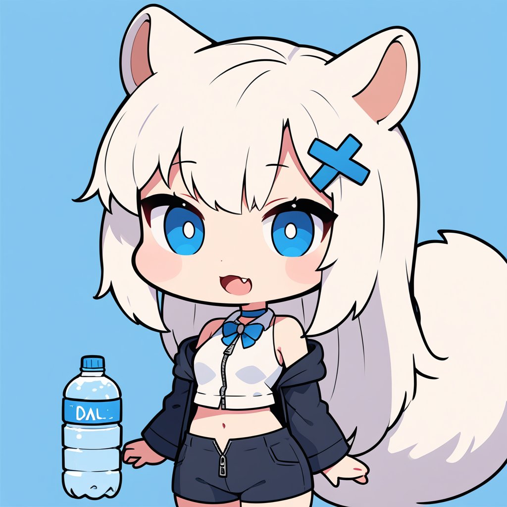 (chibi:1.3), masterpiece, made by a master, 4k, perfect anatomy, perfect details, best quality, high quality, lots of detail.
(solo),1girl, ((stoat girl)), solo,  ((white hair)), very long hair, blue eyes, (straight hair), (bangs), animal ears, (stoat ears:1.2), Choker, ahoge, cute_fang, (big Fox Tail:1.2), (blue X hairpin), (White collared sleeveless top, (midriff), blue chest bow), (black hooded oversized jacket:1.2), (jacket zipper half unzipped), (black short pants) (Off the shoulders), single, ((drink water from water bottle)), (upper body) ,Emote Chibi. cute comic,simple background, flat color, Cute girl,dal,Chibi Style,lineart,comic book,chibi emote style