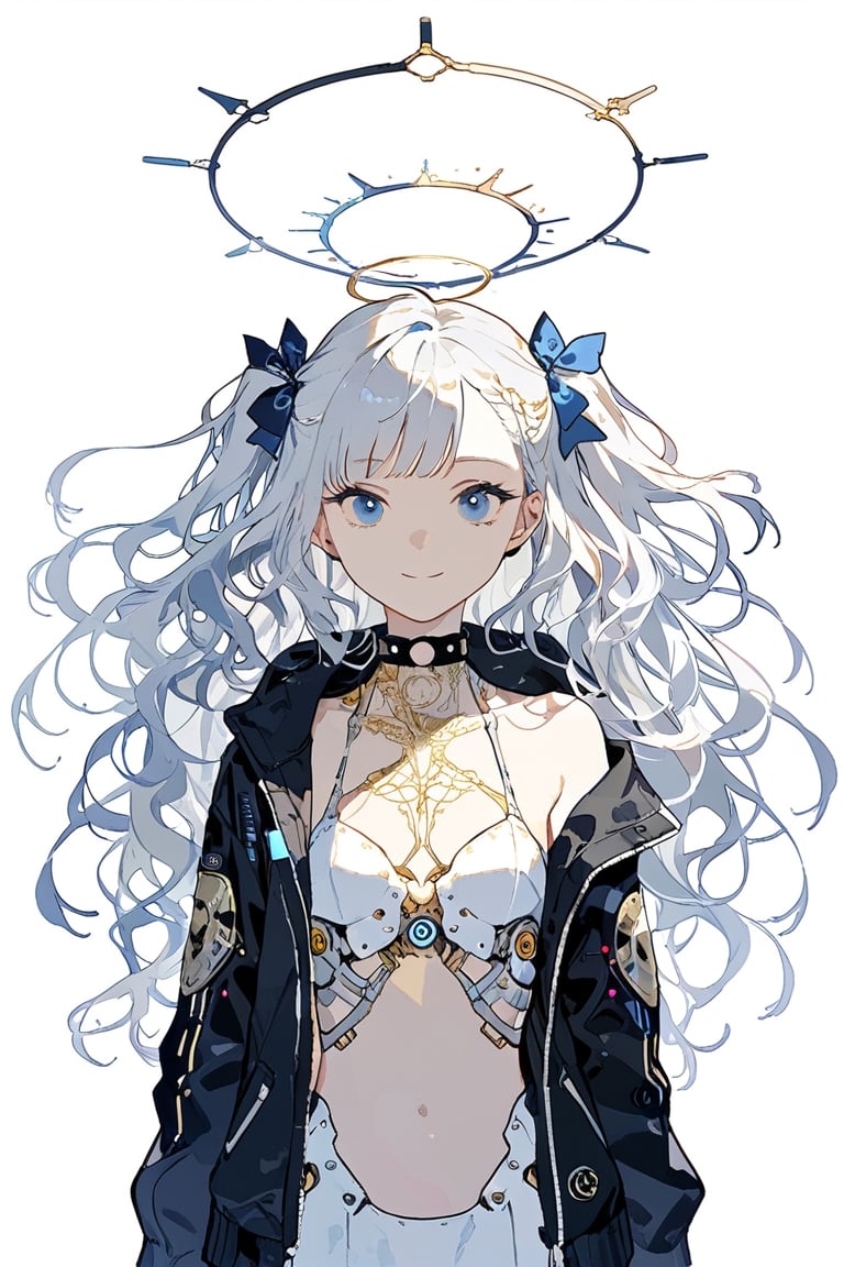 digital painting,1girl, angel, white hair, long curly hair, (two side up), blue eyes, two blue bows on head, (Double golden halo on her head), choker, angel wings on back, ahoge,cyberpunk, mechanical girl, cyborg, cable, exposed wires,
masterpiece, best quality, aethetic, closed mouth, jacket, simple background, smile, solo,aesthetic