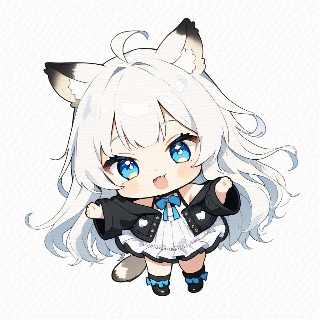 chibi, masterpiece, made by a master, 4k, perfect anatomy, perfect details, best quality, high quality, lots of detail.
(solo),1girl, ((white hair)), very long hair, blue eyes, (straight hair), (bangs), animal ears, (stoat ears:1.2), Choker, ahoge, fang, (big stoat Tail:1.2), (White sleeveless two piece dress, blue chest bow), (black hooded jacket:1.2), (Off the shoulders), (playing with a rabbit:1.2), single, looking at viewer, (full body) ,Emote Chibi. cute comic,simple background, flat color, Cute girl,Chibi Style,chibi emote style,