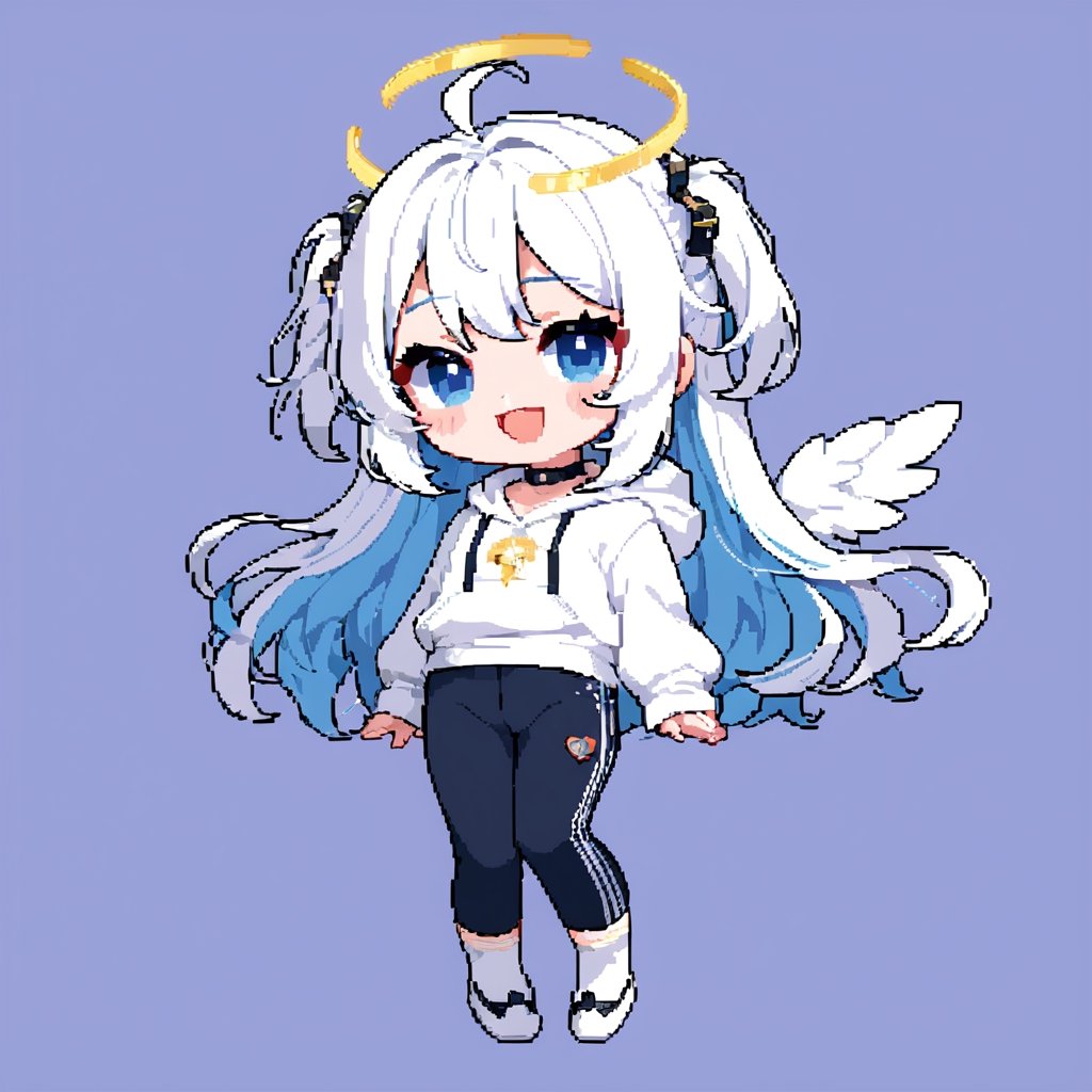 (chibi:1.3), masterpiece, made by a master, 4k, perfect anatomy, perfect details, best quality, high quality, lots of detail.
(solo),1girl, ((angel)), ((white hair)), (long hair:1.1), (two side up:1.2), blue eyes, (wavy hair), (hair curls), (bangs), two ((blue)) hair ties on head, (Double golden halo on her head), choker, ((angel wings)), ahoge, laughing, (white long sleeve hooded top), black pants, white socks, single, open mouth, (full body) ,Emote Chibi. cute comic, flat color, Cute girl,Chibi Style,lineart,pixel art,16 bit,Cutetoo,Pixel art,PixelartFSS,Pixel world,light,32 bit