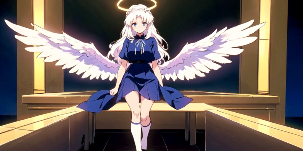  (Best Picture Quality, High Quality, Best Picture Score: 1.3), , Perfect Beauty Score: 1.5, long hair, 1 angel girl, (solo), ((white hair)), (long curly hair), blue eyes, ((two blue ribbons on her hair)), (Double golden halo on her head), (angel wings), (cute outfit), (full_body), beautiful, cute, masterpiece, best quality,perfect light,evangelion anime style